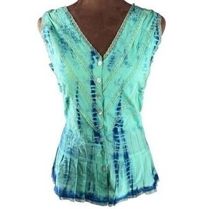 Tie Dye Lace Tank L NWT Deadstock Green Blue Cotton Boho Peplum Chaudry KC Crop